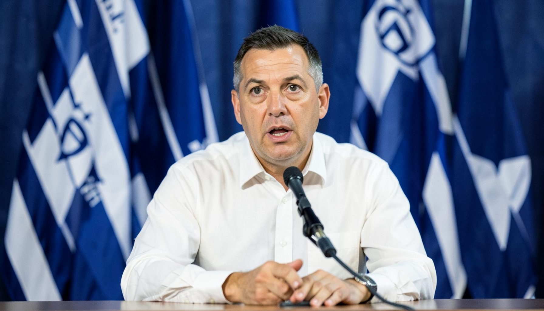 Hombre con camisa clara hablando frente a un micrófono en conferencia de prensa, fondo con banderas del club a rayas azul marino y blancas