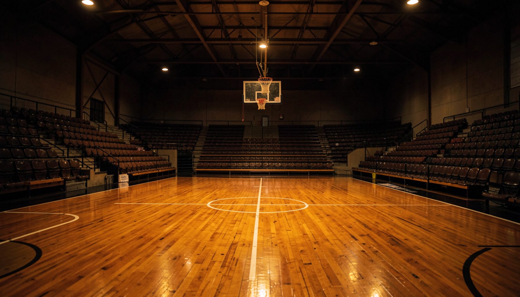 Cancha de básquet con piso de madera brillante bajo luces cálidas, rodeada de gradas vacías en penumbra, atmósfera de club deportivo tradicional
