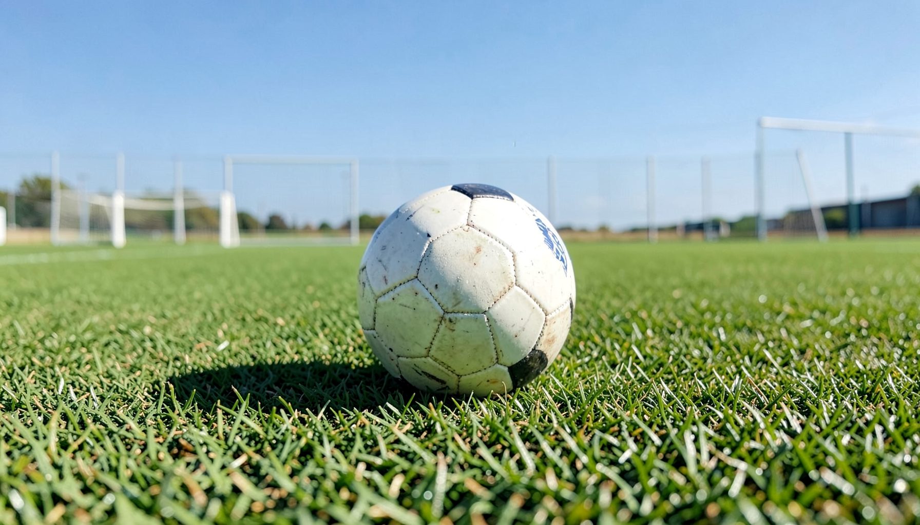 Pelota de fútbol sobre césped verde bien cuidado, con arcos al fondo y cielo despejado de día