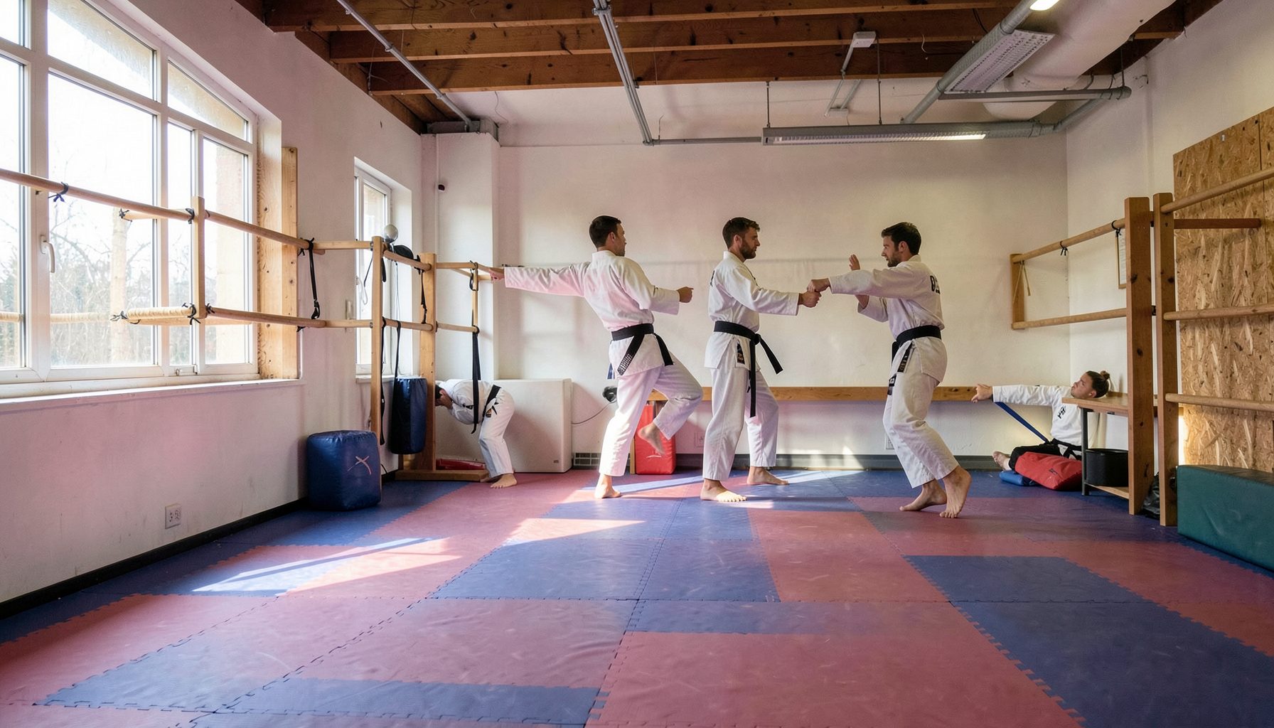 Sala de artes marciales con piso acolchado y luz natural, ambiente sereno y disciplinado