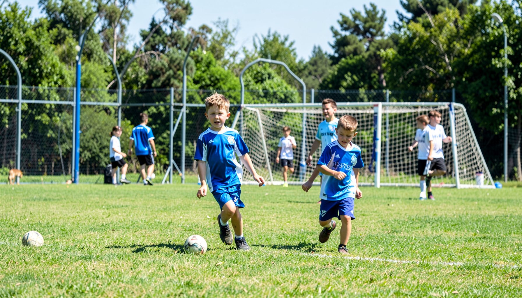 Niños jugando al aire libre en un predio deportivo verde con arcos de fútbol al fondo, día soleado, camisetas azules y blancas