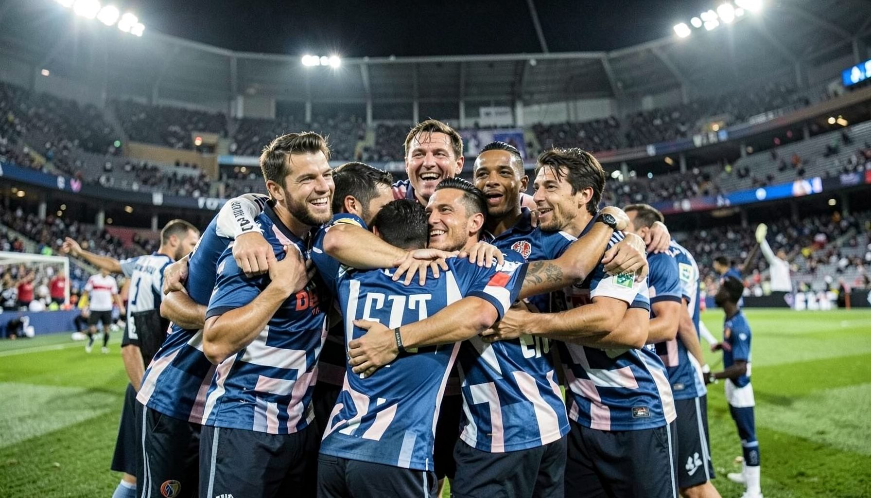 Jugadores celebrando en cancha visitante, camisetas rayadas, abrazo colectivo bajo luces del estadio