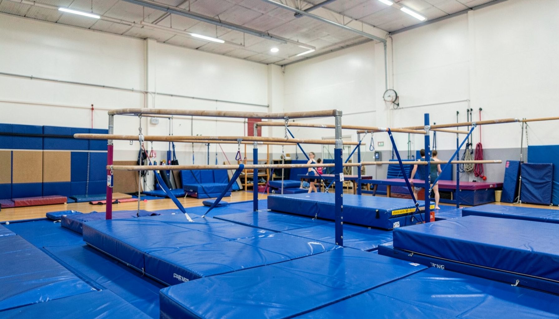 Gimnasia artística: colchonetas azules y equipamiento de barras en un gimnasio luminoso