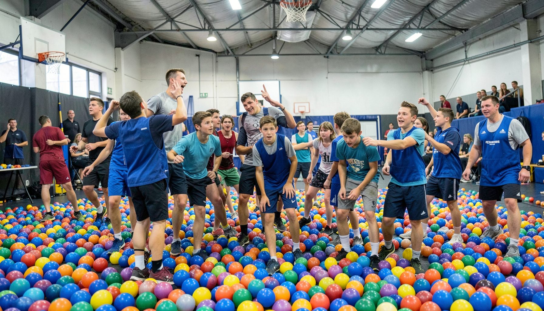 Grupo de chicos en un gimnasio cubierto con pelotas de básquet, entrenadores con pecheras azules dando indicaciones, ambiente dinámico