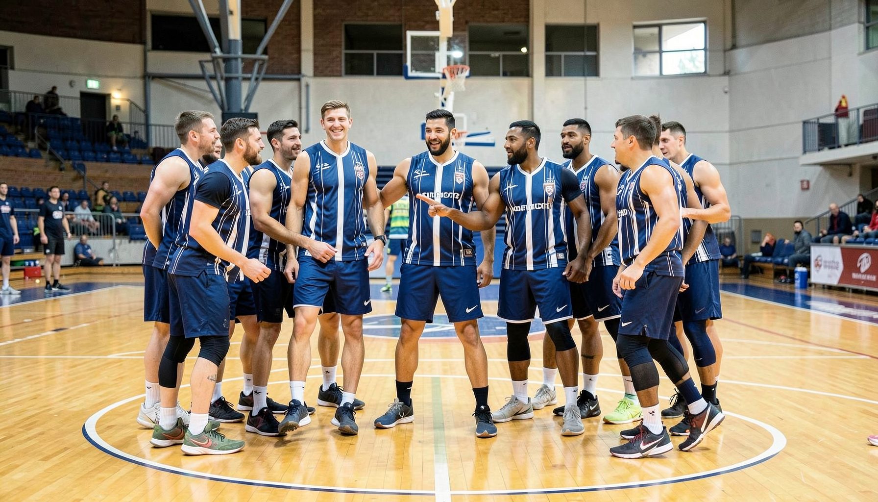 Equipo de básquet reunido en círculo antes del partido, camisetas rayadas azul marino y blanco