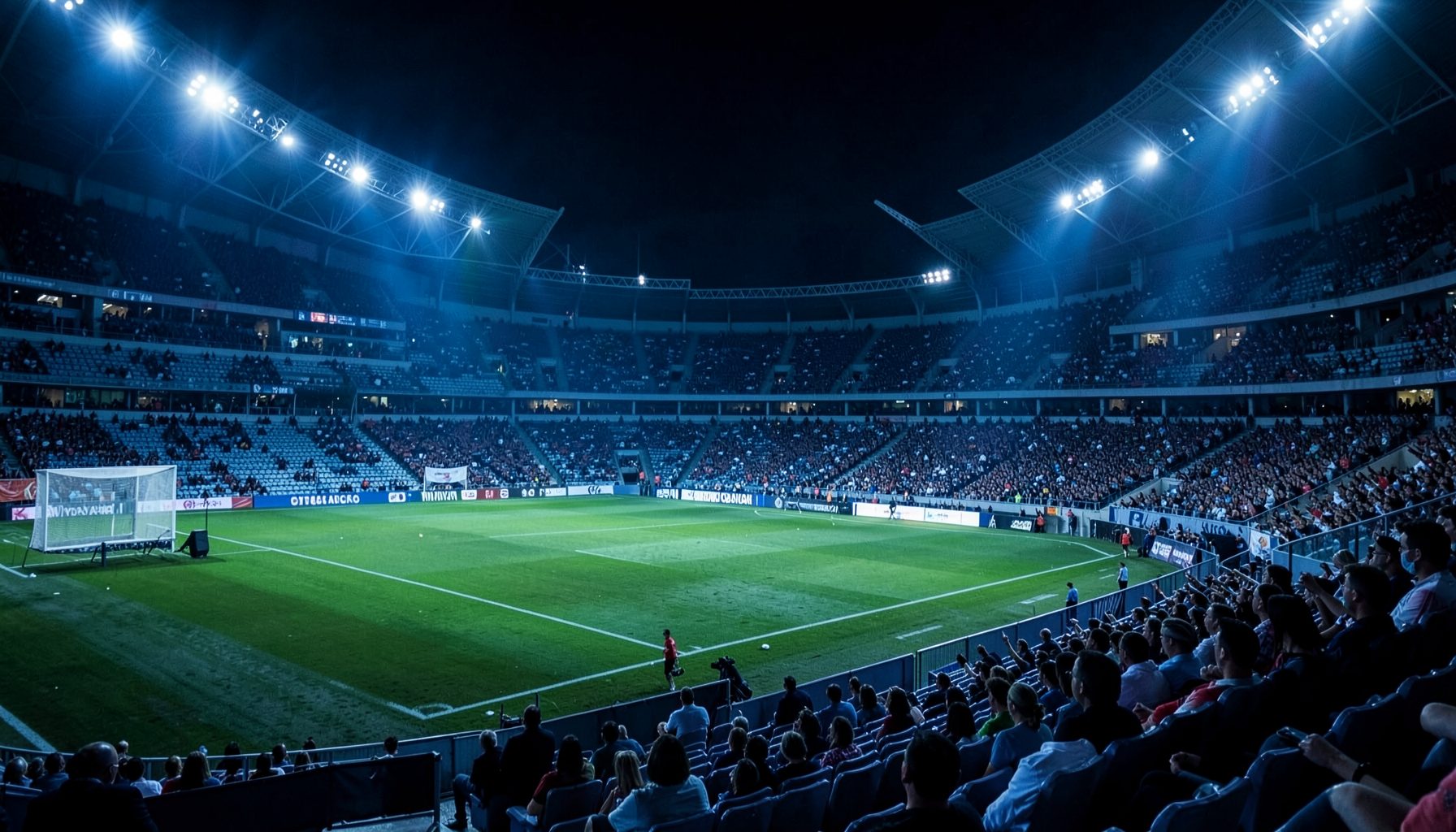 Estadio con gradas en penumbra iluminadas por reflectores, predominan azules profundos y blancos, atmósfera de noche de partido