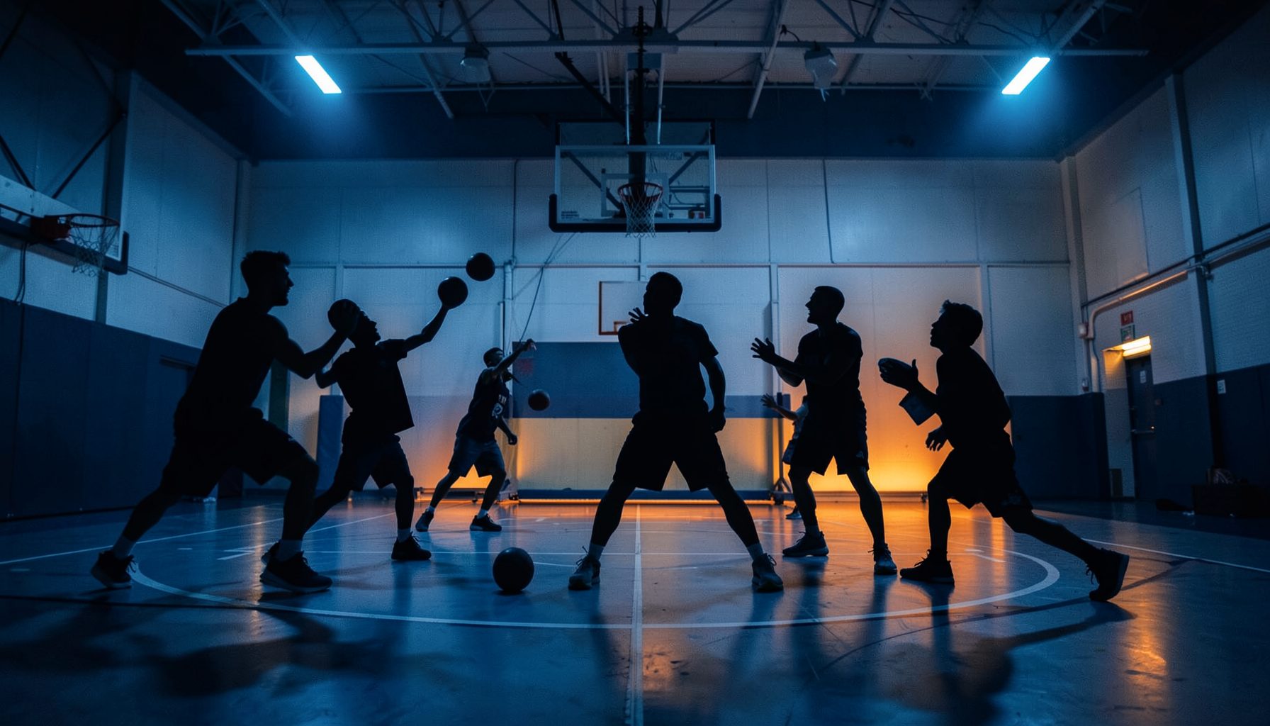 Jugadores en silueta entrenando en una cancha de básquet bajo luces de gimnasio, tonos azules y naranjas