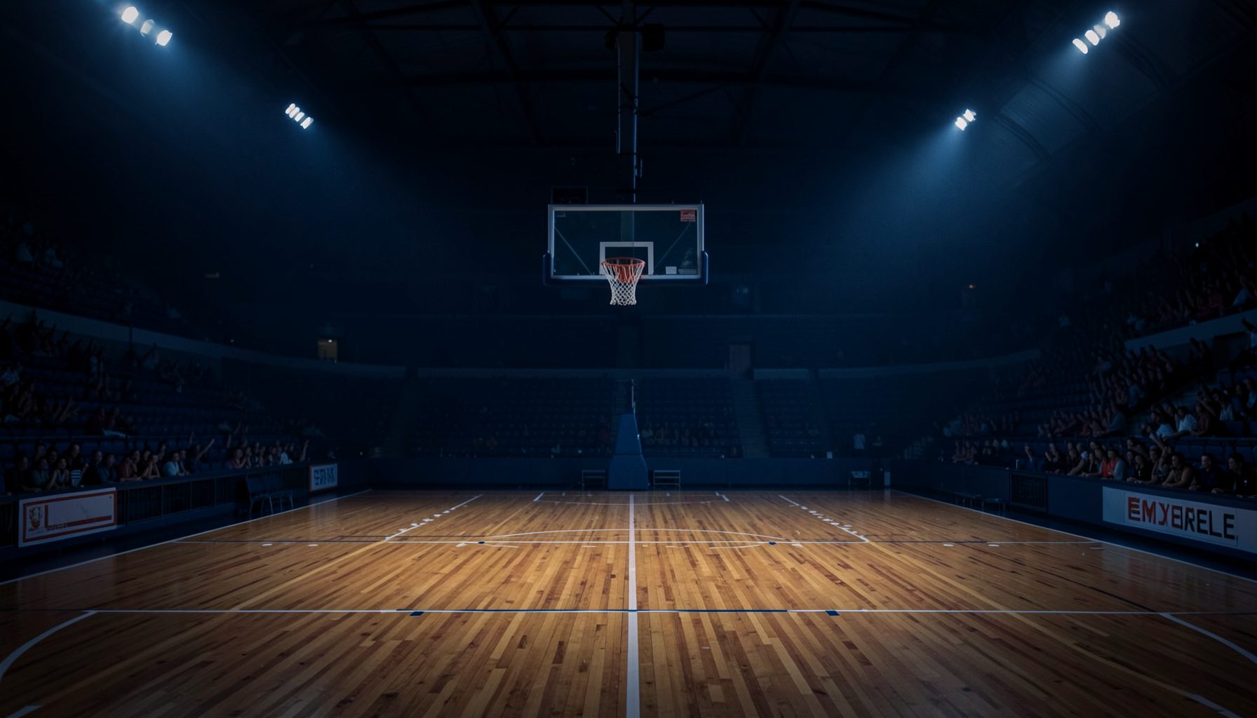 Cancha de básquet con iluminación tenue, tonos azul marino y madera cálida, ambiente de estadio en penumbra