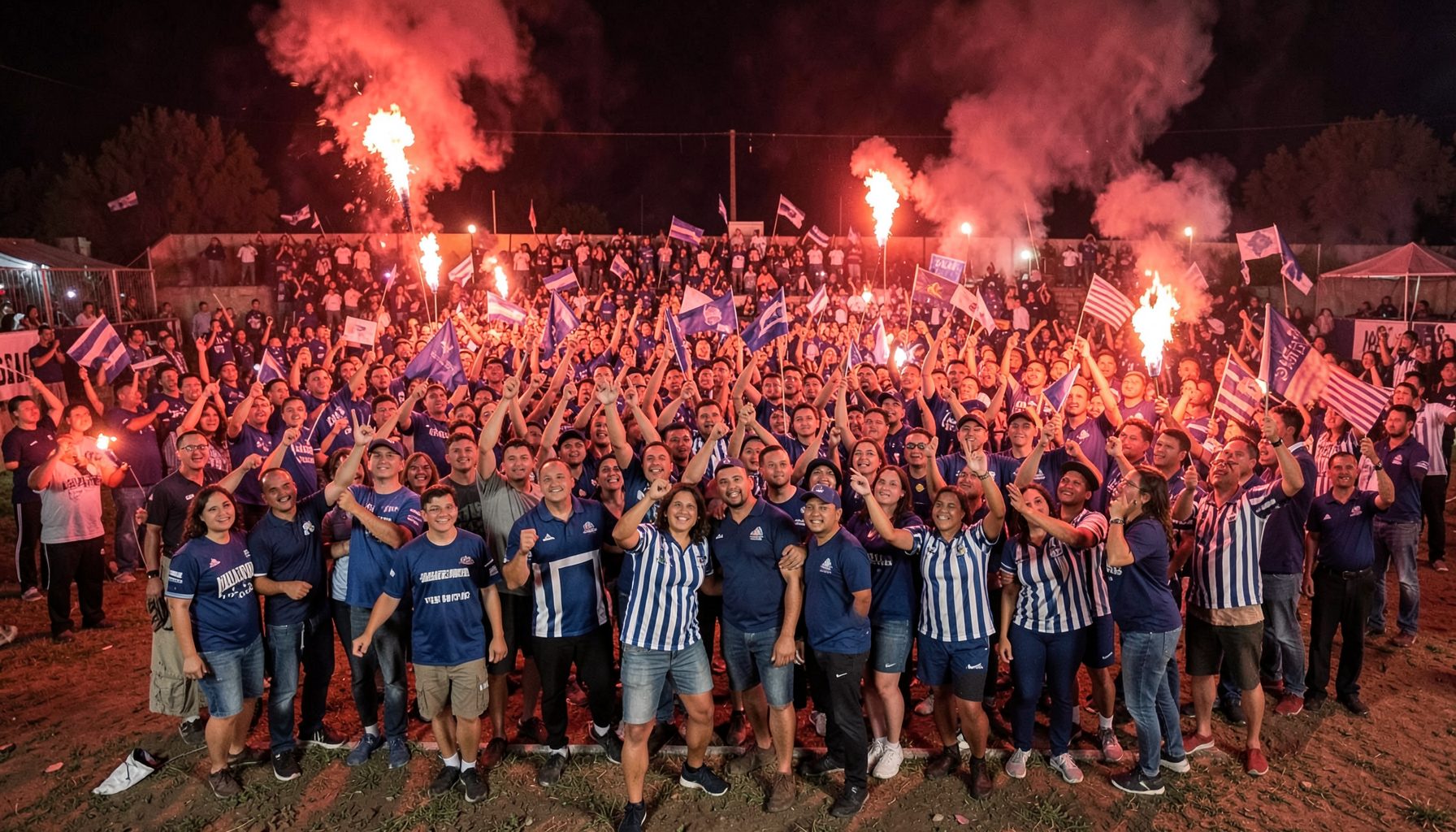 Multitud con banderas y camisetas azul marino y blancas a rayas, celebrando en una cancha iluminada con bengalas rojas, ambiente festivo y familiar