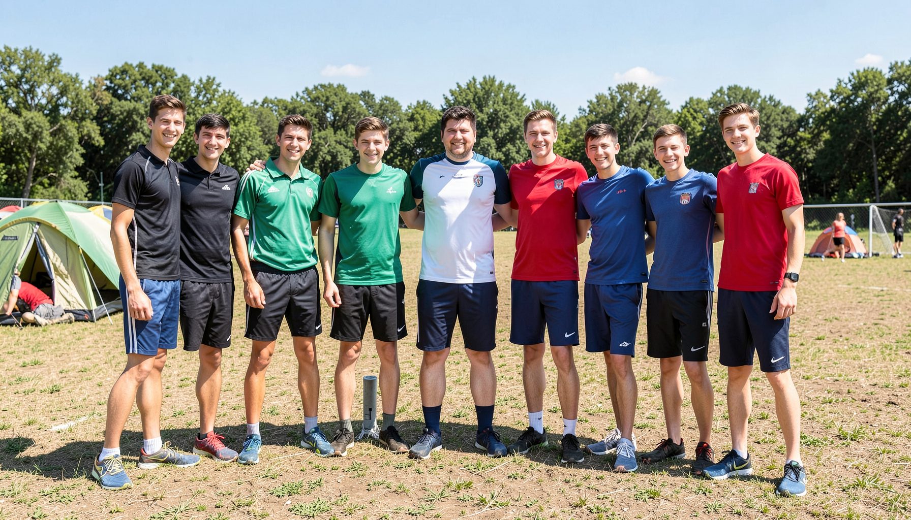 Grupo de chicos con indumentaria deportiva en una cancha al aire libre, día soleado, ambiente de campamento recreativo