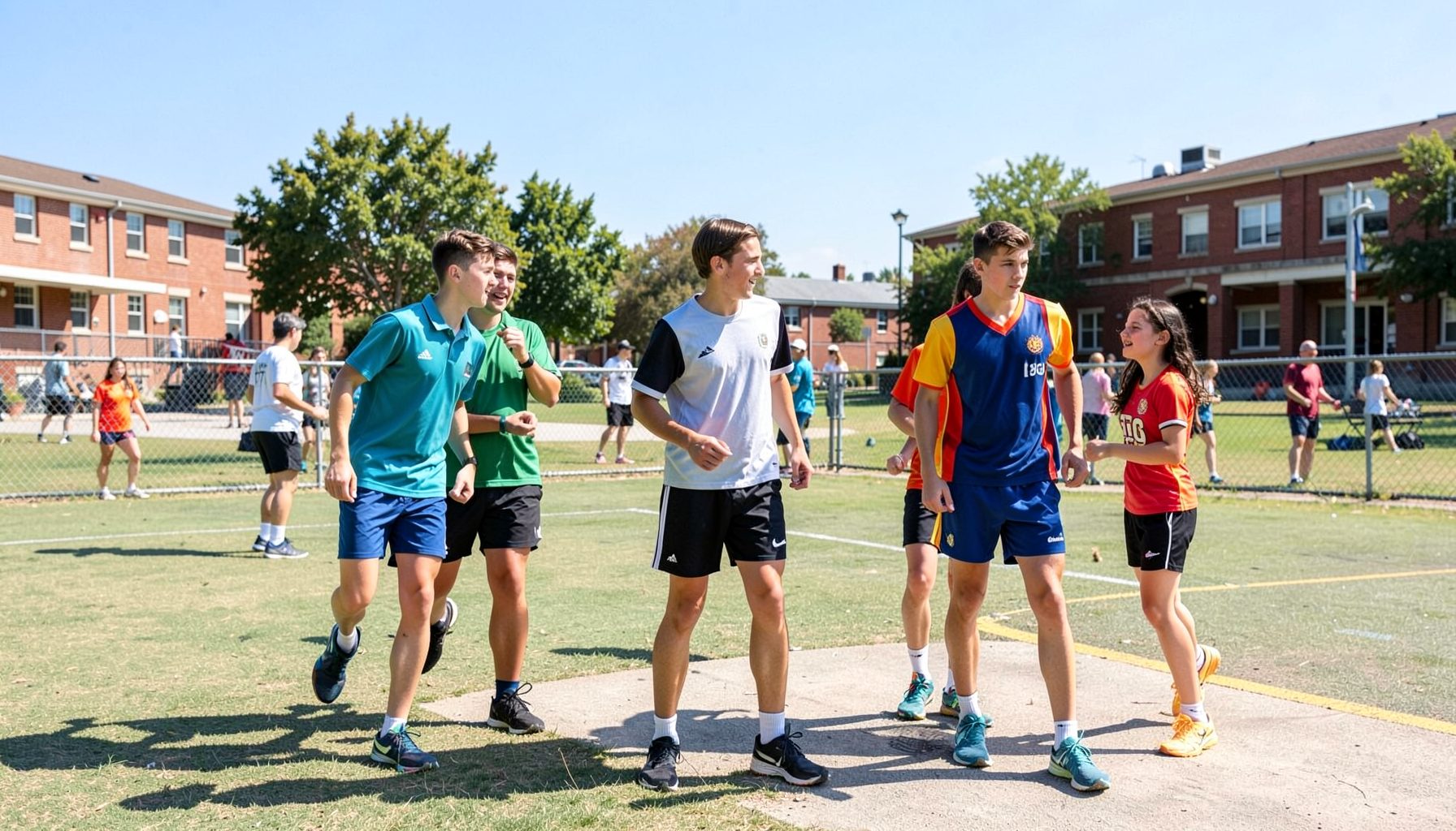 Jóvenes deportistas en campus de verano, cancha al aire libre, remeras deportivas, día soleado