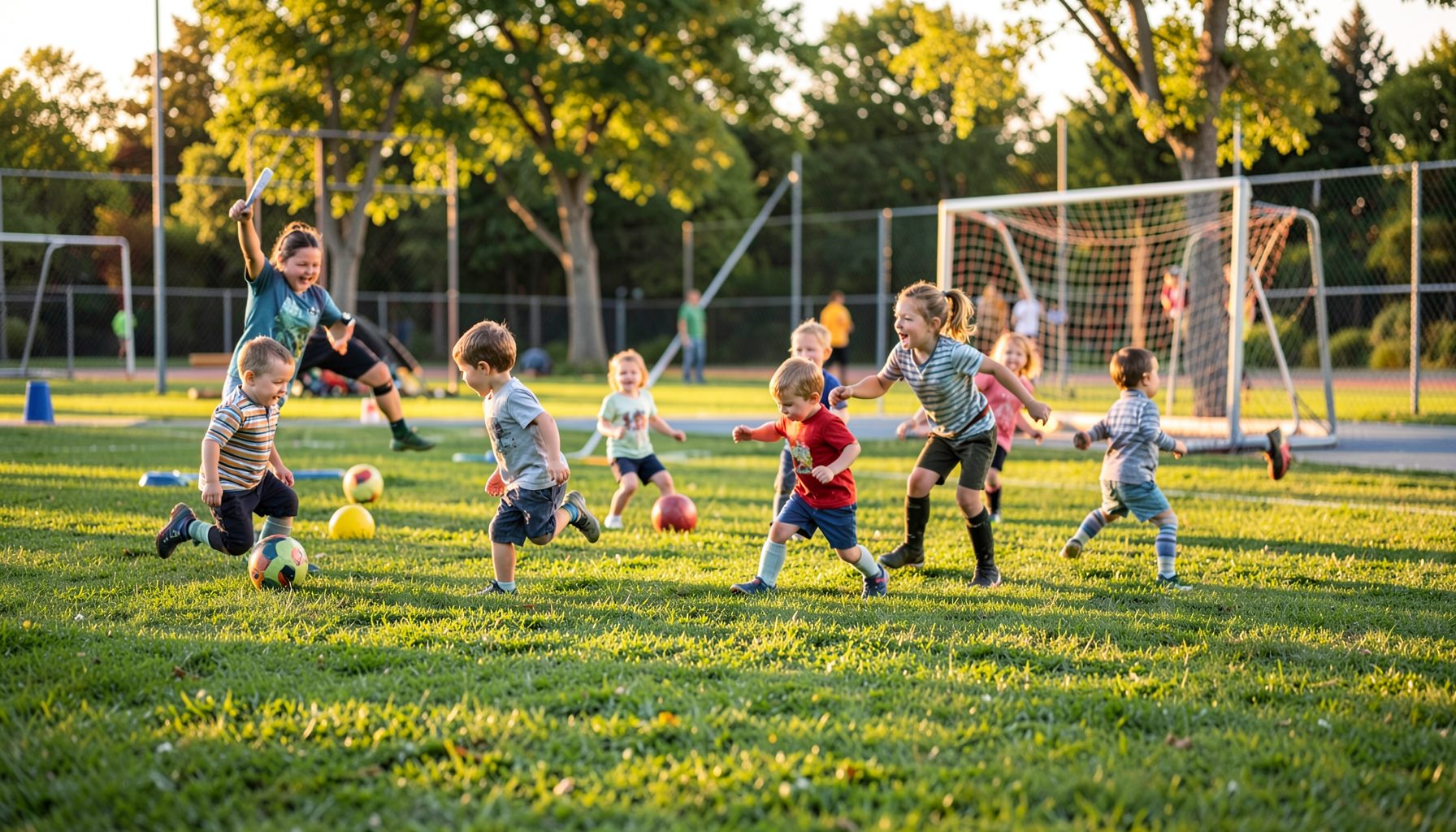 Niños jugando al aire libre en predio deportivo, césped verde, sol de tarde, ambiente recreativo y familiar