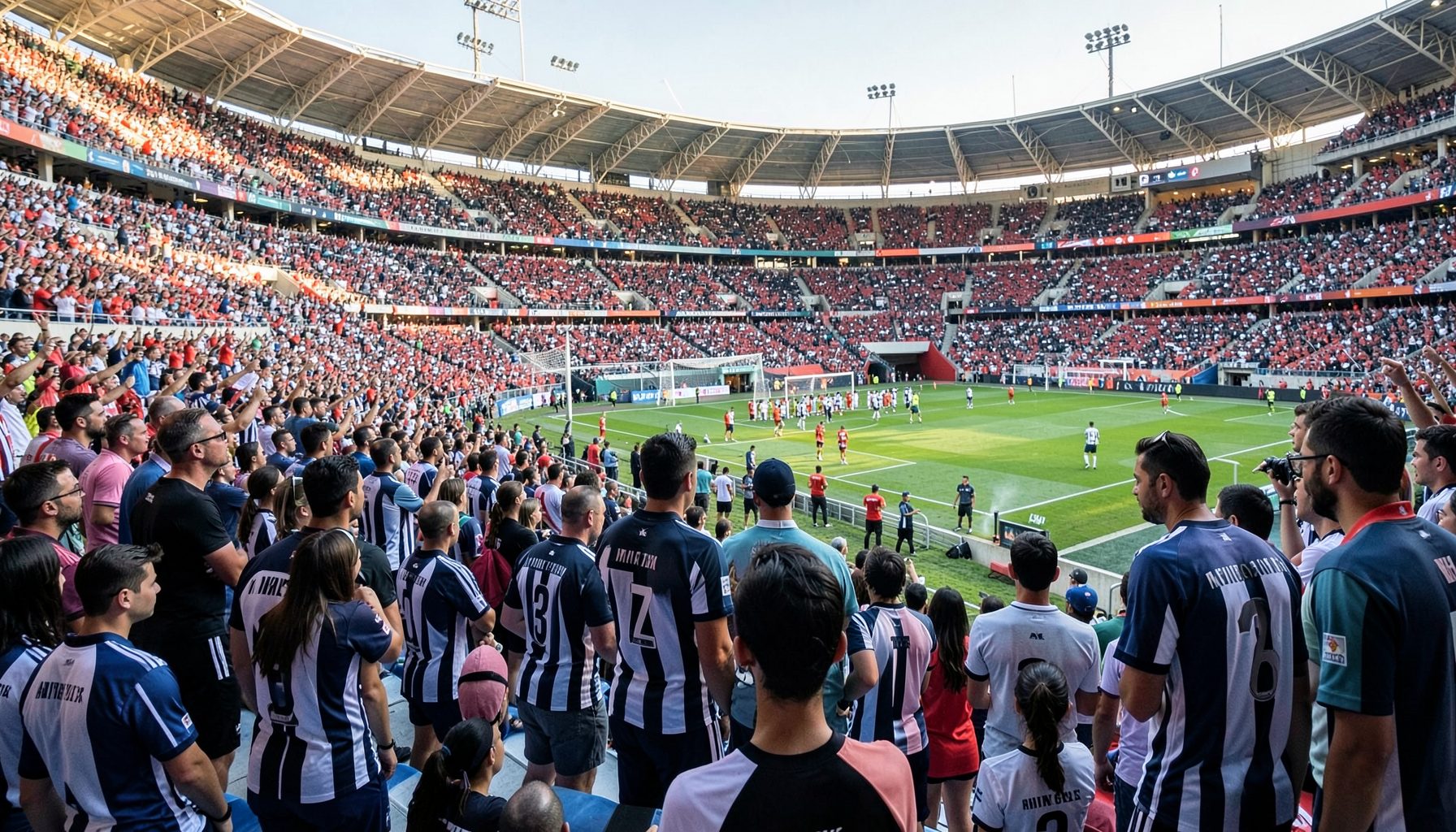 Estadio polideportivo lleno, clásico marplatense, camisetas rayadas y del equipo rival, ambiente vibrante