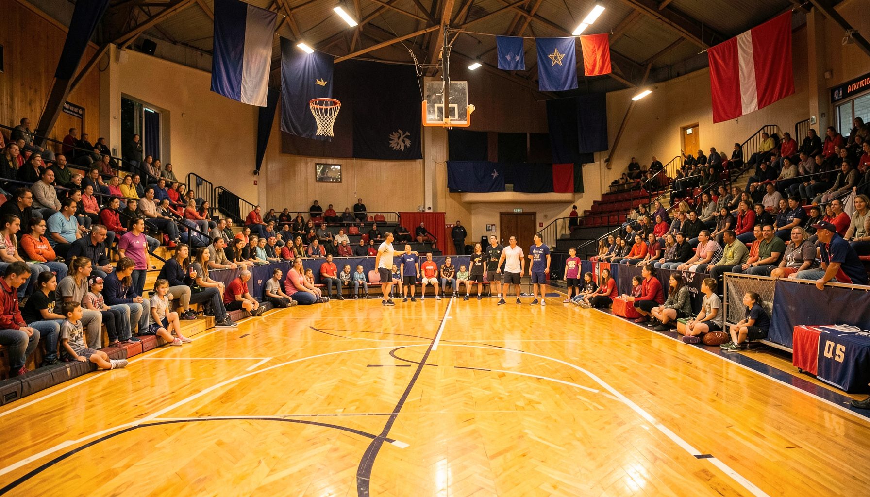 Ambiente cálido del club con familias reunidas en las gradas de la cancha de básquet, luces cálidas y banderas con los colores azul marino y rojo