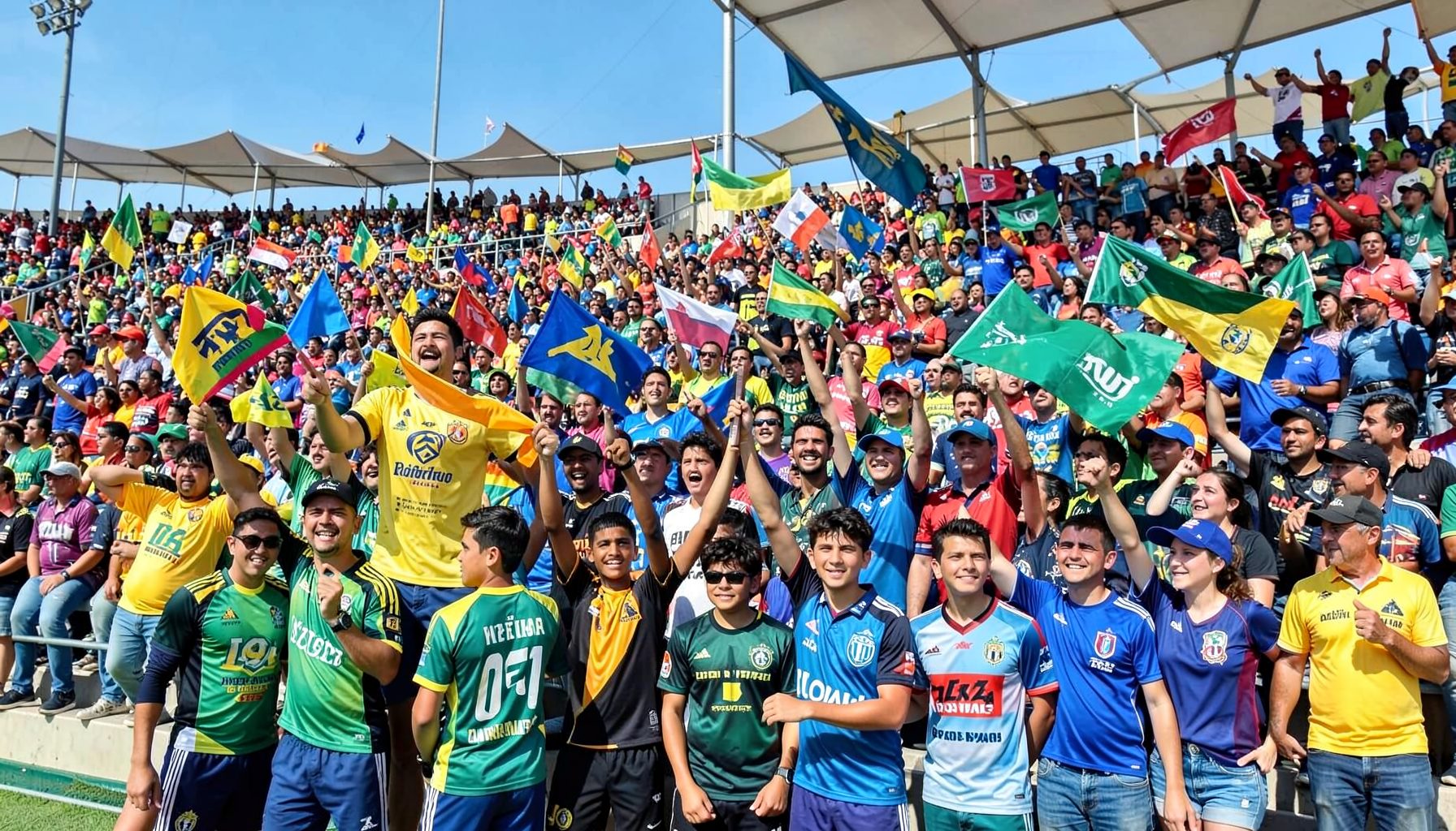Hinchas con banderas y camisetas del club, tribuna colorida, día soleado de encuentro social