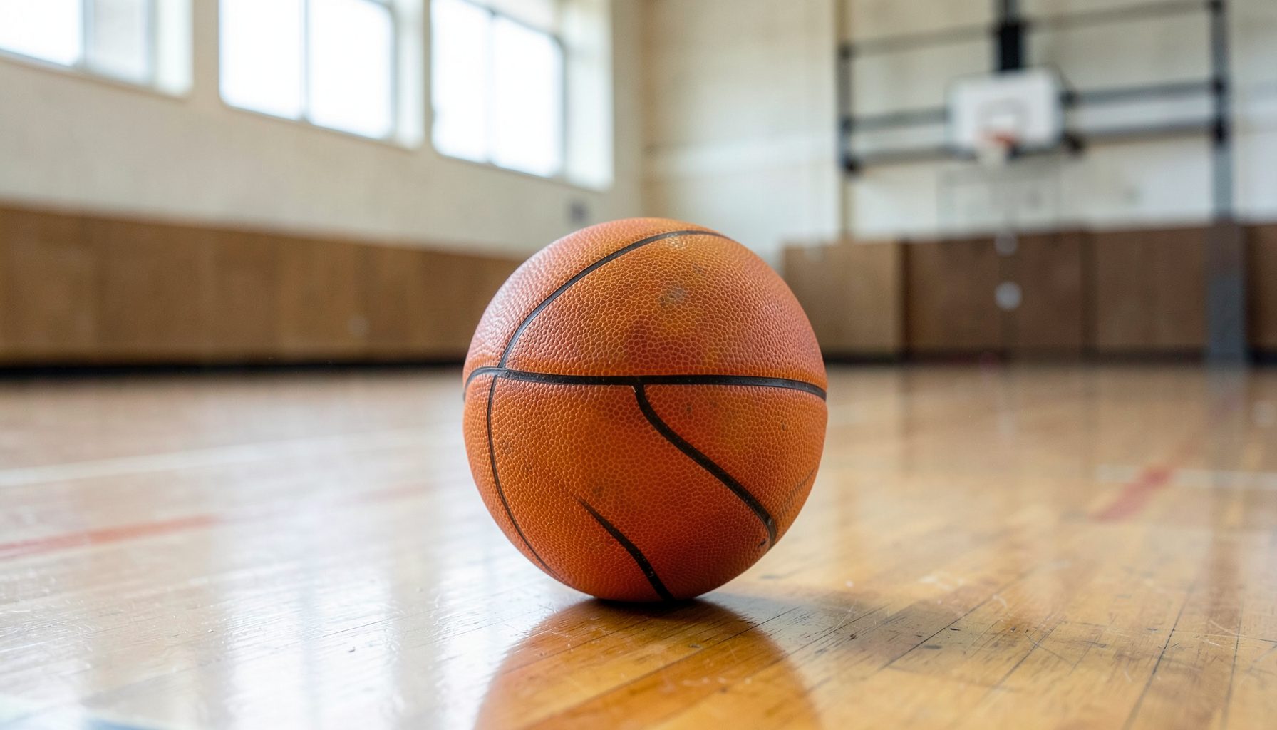 Pelota de básquet naranja sobre una cancha de parqué, con aros al fondo y luz natural de gimnasio