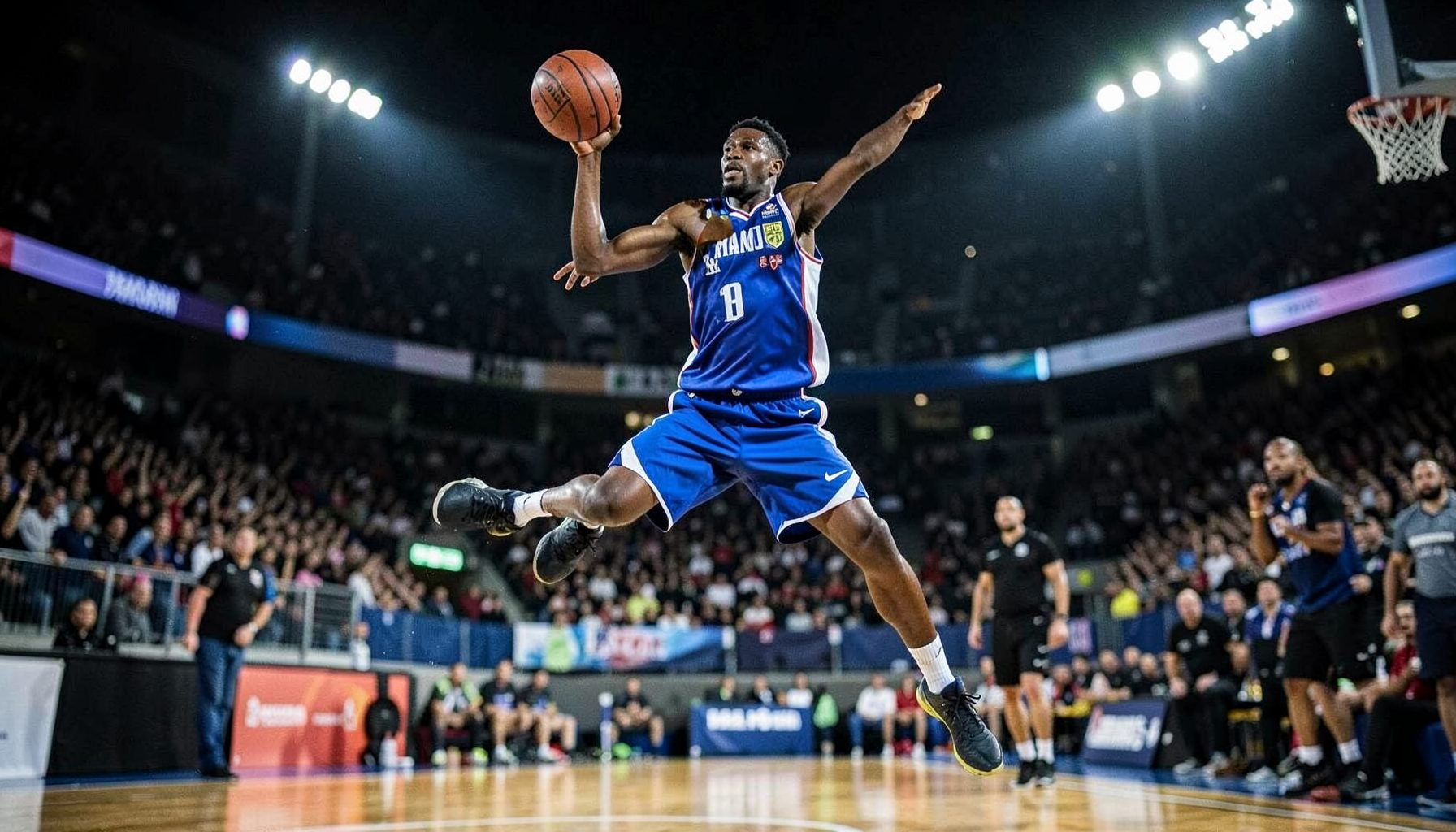 Jugador de básquet en salto durante un partido nocturno, camiseta azul y blanca, estadio iluminado