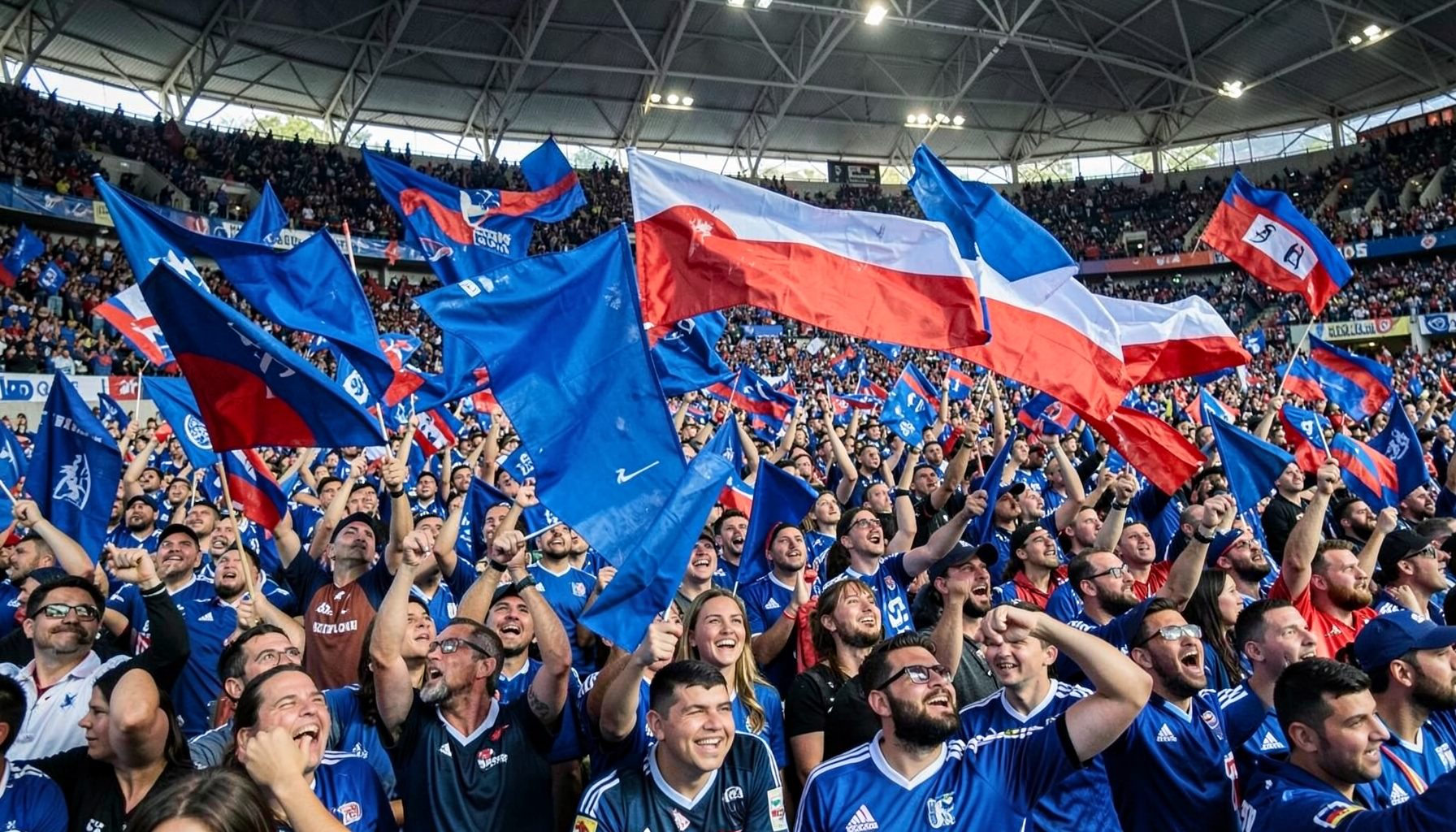 Hinchada del club con banderas azules y rojas ondeando en un estadio cubierto, energía colectiva y pasión deportiva