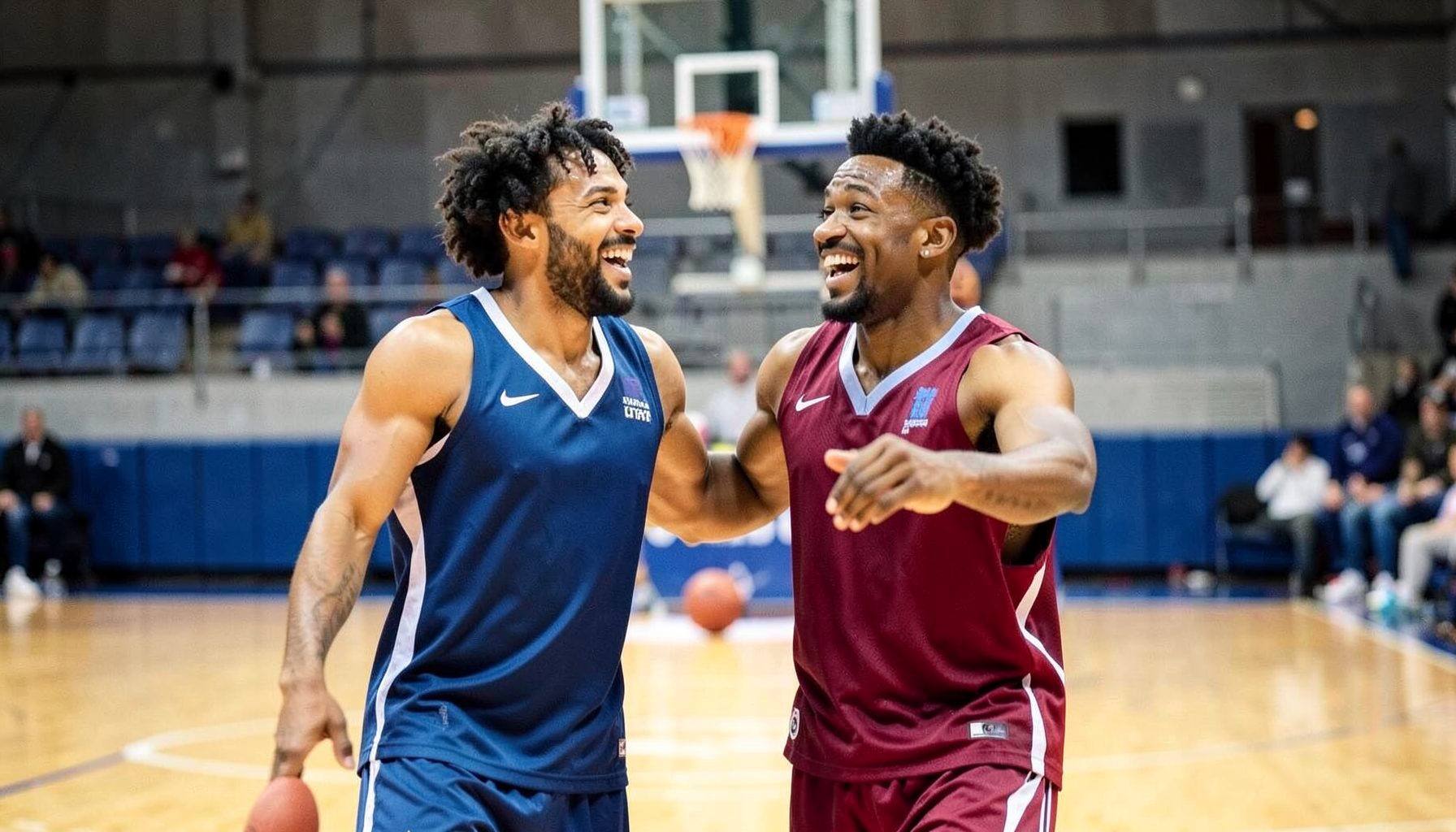 Dos jugadores celebrando en cancha, fondo de tablero de básquet, emoción contenida