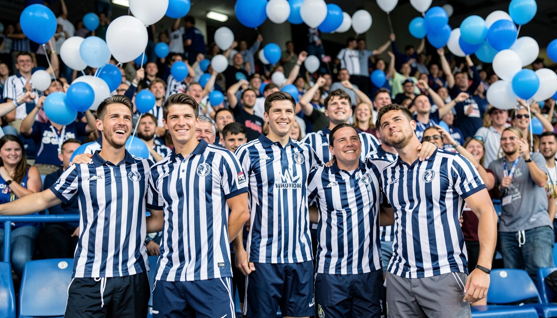 Jugadores con camiseta a rayas azul marino y blancas rodeados de hinchas en una tribuna, ambiente de celebración con globos azules y blancos