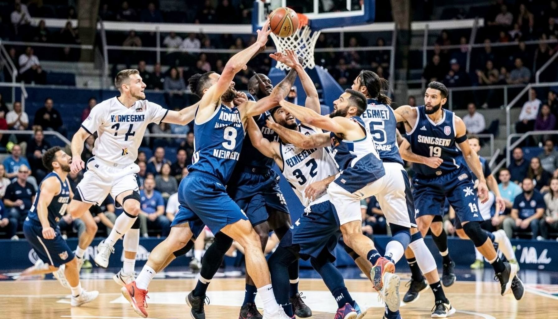 Defensa intensa bajo el aro, varios jugadores en disputa del rebote, colores azul marino y blanco
