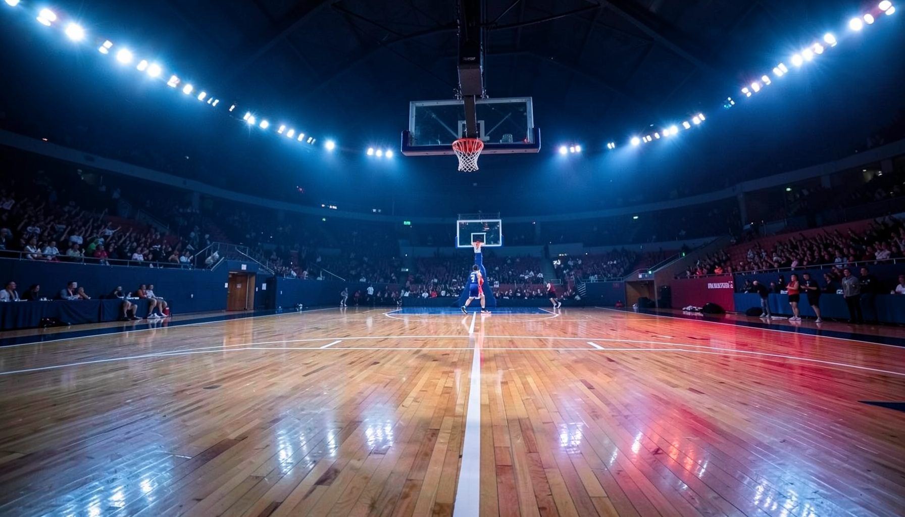 Cancha de básquet profesional con piso de madera brillante bajo luces de estadio, atmósfera intensa en tonos azul marino y rojo
